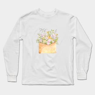 pink cherry blossom flowers in light brown envelop ink and watercolor Long Sleeve T-Shirt